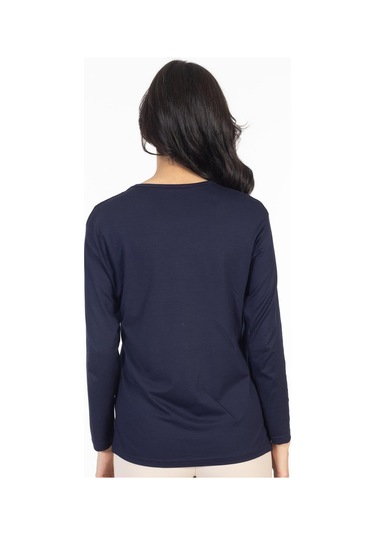 Yeni Model 2024 Nakış İşlemeli Yuvarlak Yaka Likralı Anne Penye Bluz 6450-lacivert
