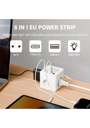 Honeybeeshop 1 Paket Siyah 8li 3 Ac Cikisli 2 Usb Portlu 2 Type C 15m Uzatma Kablosu Ev Ofis Seyahat Icin 3 Renk Modlu Ayarlanabilir Gece Isigi