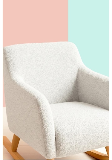 Loop Sallanan Sandalye Ve Puf Seti Ekru Teddy Kumaş Ahşap Ayaklı Berjer - Sallanan Koltuk Puf Beyaz