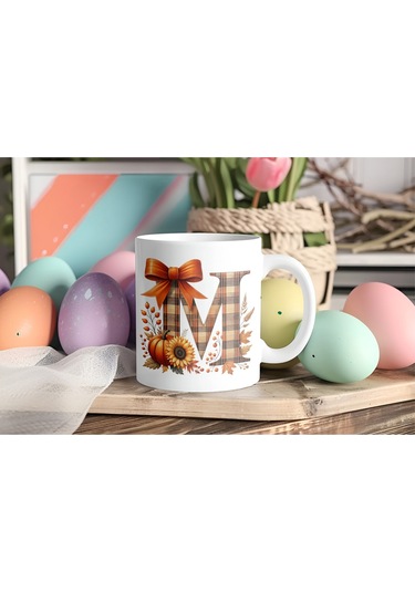 M Harfi Ekose Ve Sonbahar Temalı Kupa Bardak - Kişiye Özel Sıcak Tonlar Alfabe Kupa - Hediye Beyaz