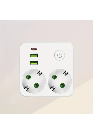 Beyaz 2500w Güç Şeridi Eu Fiş Prizi 2 Soketli Multitap Duvar Tipi Güç Şeridi Uzatma Kablosuz, 2 Usb & 1 Type-c Portlu