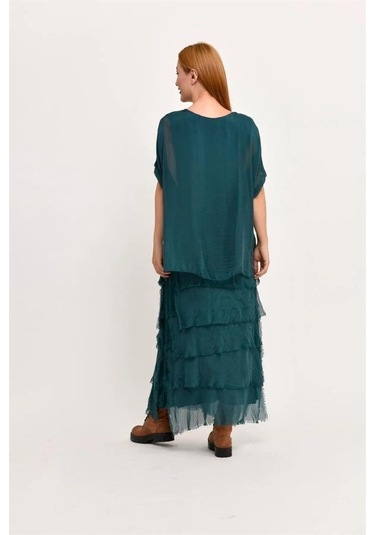 İtalyan 2 Beden İnce Gösteren Yarım Kol Kat Kat Ipek Elbise Zümrüt Yeşili