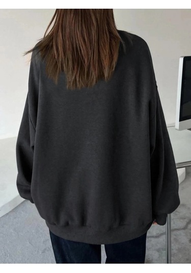 Kadın Düz Bisiklet Yaka Sweat - Siyah Siyah