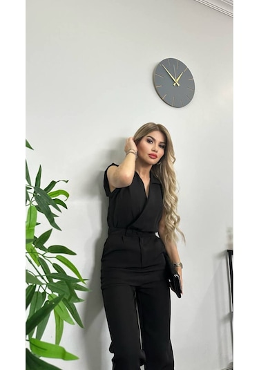 Yeni Sezon Gömlek Yaka İthal Kumaş Tulum Siyah Siyah