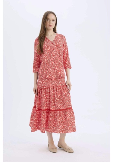 DeFacto Regular Fit Çiçek Desenli Esnek Belli Kiloş Midi Etek E5958AX25SPRD87
