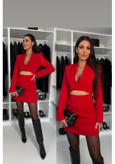 Kadın Atlas Kumaş Uzun Kollu V Yaka Blazer Kesim Göbek Dekolteli Mini Ceket Elbise Kırmızı