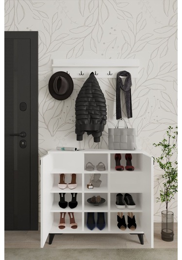 Albena 2 Kapaklı Ayakkabılık, Vestiyer, Portmanto, Askılık, 90 Cm, Beyaz Beyaz