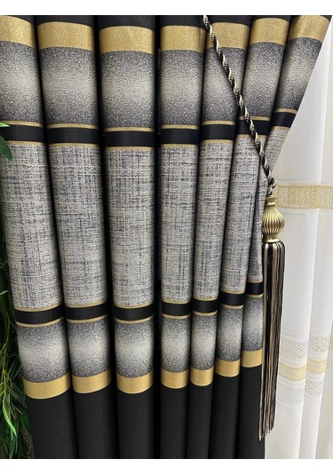 Nivemeshome Melanezya Siyah- Gold Şeritli 1/3 Sık Pileli Fon Perde Apm Siyah- Gold