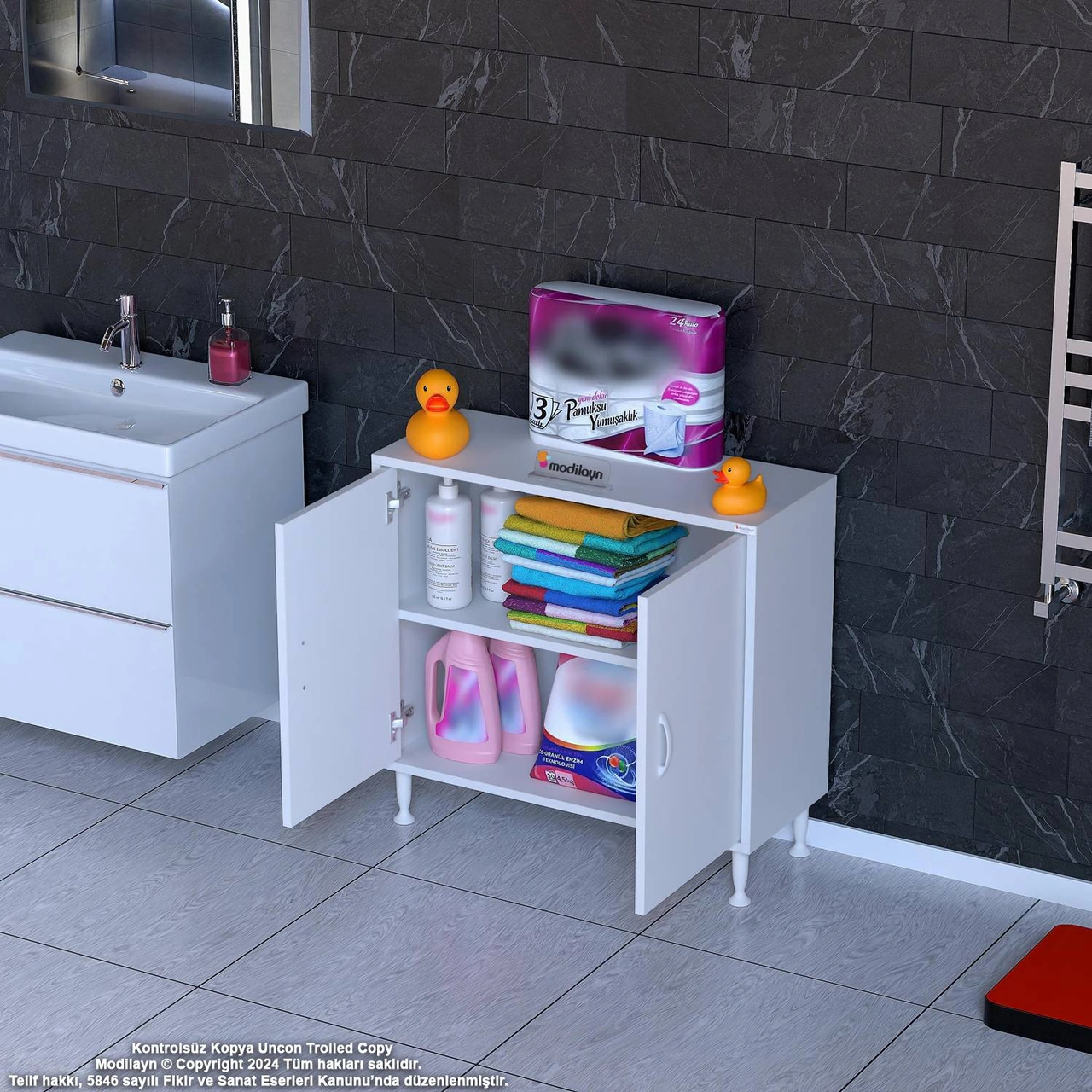 Efil Dolap Dar Alanlar İçin Çok Amaçlı Dolap Çift Kapaklı 2 Göz Raf Dolap 80x75x32,5 Cm Beyaz