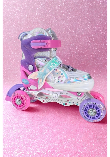 Deniz Kızı Işıklı Kız Çocuk Pateni Silikon Teker Ayarlanabilir Paten Taşıma Çantalı Pembe Lila Pembe