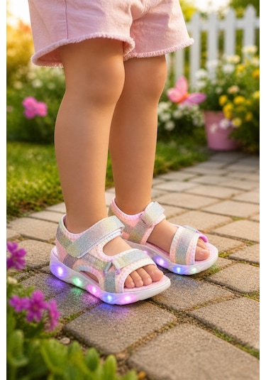 Minibonito Kız Çocuk Renkli Işıklı Yazlık Sandalet Pembe