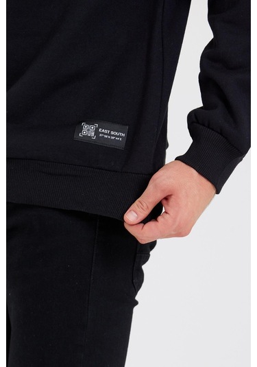 MMetalic Bisiklet Yaka Etiket Detayı İçi Pamuklu Erkek Sweatshirt Siyah