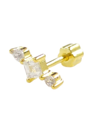 Taşlı Kare Gümüş Tragus Pıercıng - Altın Sarı Beyaz