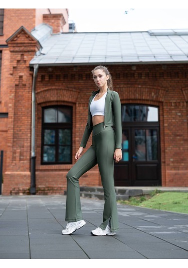 Haki Yeşil Yırtmaçlı İspanyol Paça Spor Tayt