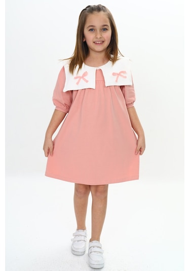 Toontoy Kız Çocuk Yaka Detaylı Elbise Kahverengi