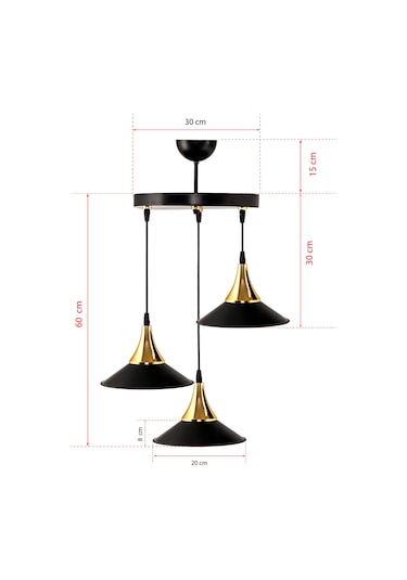 Dd Üçlü Embudo Tepsili Avize Gold Huni Japon Şapkalı Siyah3