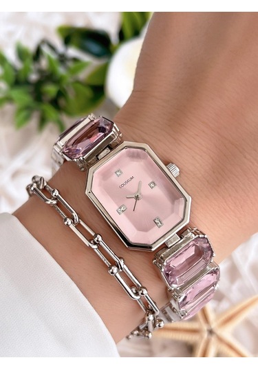 Coliseum Özel Tasarım Vintage Seri Taşlı Kordon Model Kadın Kol Saati+bileklik Hediyeli Cl8888.s06 Gümüş