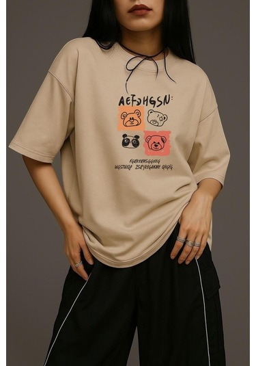 Ayıcık Baskılı Unisex Oversize Tişört Bej
