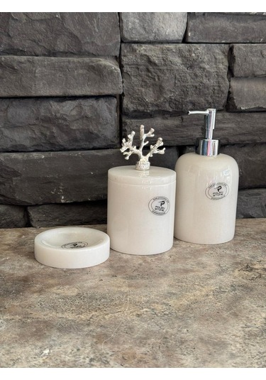 3'lü Set Beyaz Mermer Gümüş Aksesuarlı Sıvı Sabunluk, Makyaj Pamukluk, Katı Sabunluk Beyaz