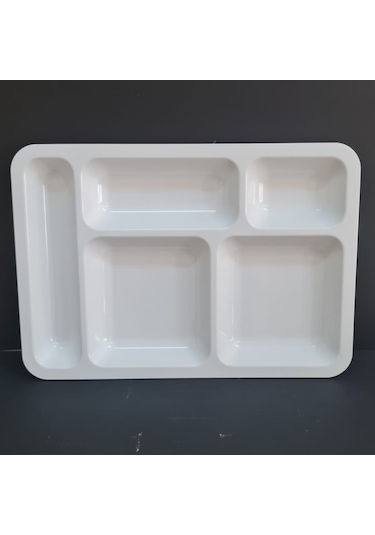 12 Adet Kırılmaz Melamin Standart 5 Bölmeli Tabldot Yemek Tabağı 40x28 Cm Beyaz