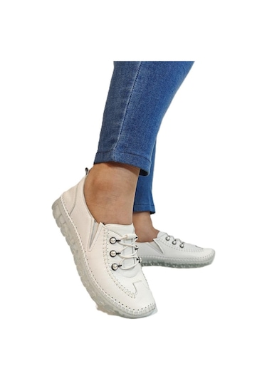 Voyager 9871 Beyaz Hakiki Deri Boncuklu Bayan Ayakkabı Beyaz