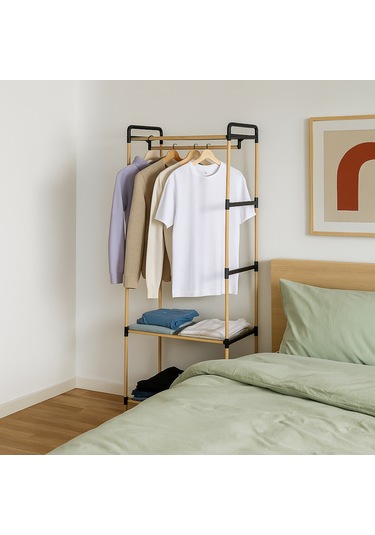 Ne02 Ahşap Gardrop Elbise Askısı Ve İkili Raf Sistemi Masif Çam Ahşap Ahşap