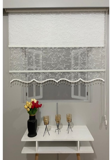 İncilifehome İcl4003b Çift Mekanizmalı Dal Desenli Tül Ve Stor Perde Kırık Beyaz Boncuklu Kırık Beyaz