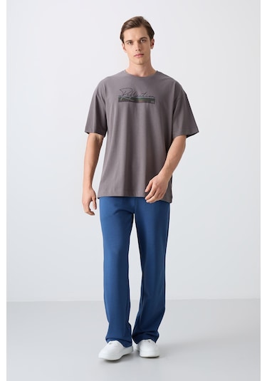 Tommy Life Koyu Gri Pamuklu Kalın Yumuşak Dokulu Oversize Fit Baskılı Erkek T-shirt - 88334 Koyu Gri