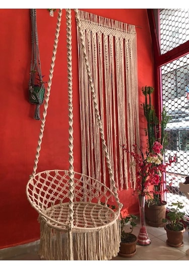 Makrome Özel Örgü Burgu Halatlı Salıncak Hamak Ekru