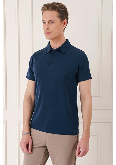 Slim Fit Düğmeli Polo Yaka Pamuklu Lacivert Tişört Ts 879 Lacivert