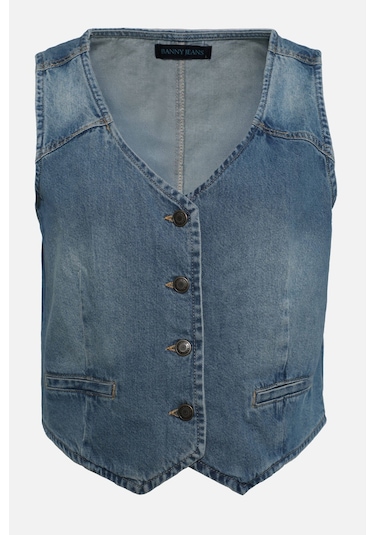 Banny Jeans Kadın V Yaka Düğmeli %100 Pamuk Jean Yelek Mavi