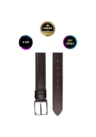 Hakiki Deri Kahverengi Özel Çift Dikişli 4 Cm Klasik Erkek Kemer Kahverengi