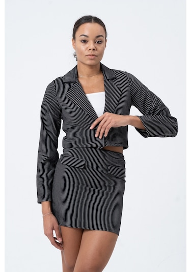 Mois Atelier Crop Ceket Etek Siyah Çizgili Takım,Tasarım,Hediye,Büyük Beden Siyah
