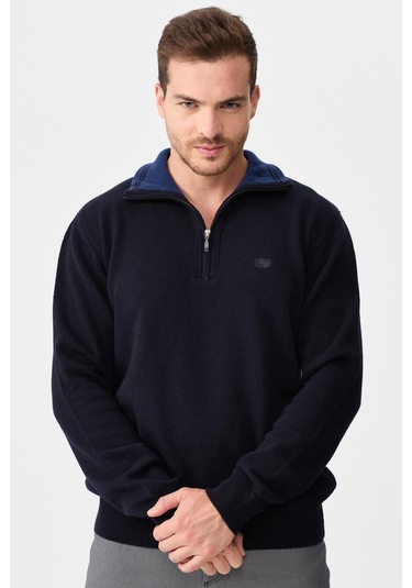 Erkek Fermuarlı Yaka Klasik Yün Kazak Y.a Lacivert Y.a Lacivert