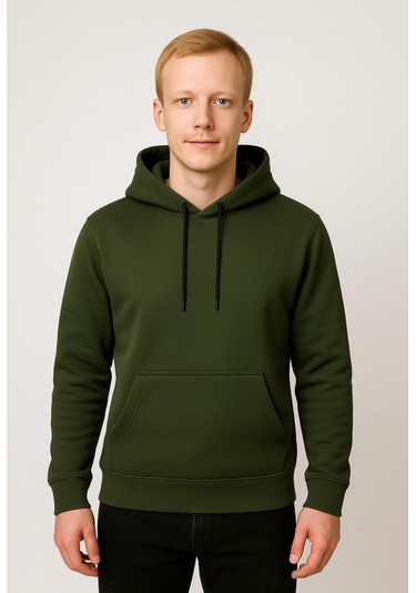 Axxel Erkek Haki Kapüşonlu Sweatshirt-w1108 Haki 3 İplik Şardonlu