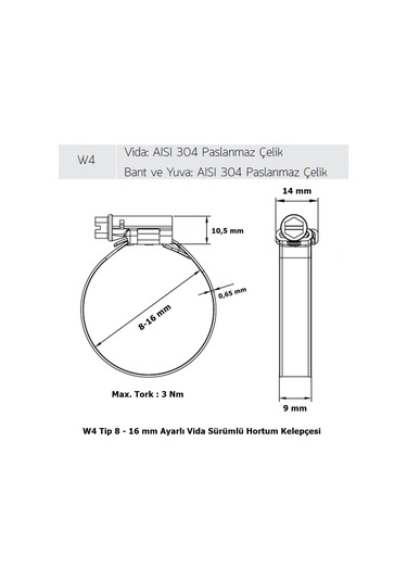 3 Adet W4 Hortum Kelepçesi 8-16 mm Ayarlı 304 Kalite Paslanmaz