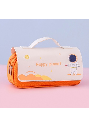 Sevimli Karikatür Desenli İlkokul Öğrencileri İçin Taşınabilir Kırtasiye Çantası, Yaratıcı Uzay Temalı Kalem Kutusu, Renkli Ve Pratik Okul Malzemeleri Saklama Kutusu Turuncu