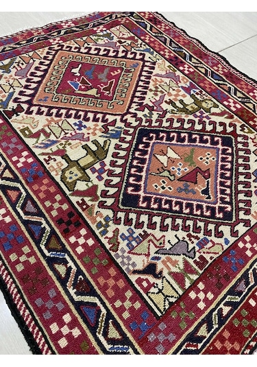 El Dokuma Şahseven Kilimi 84X100 Aslan Figürlü %100 Yün Kilim ! Kırmızı