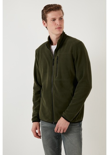 Buratti Slim Fit Fermuarlı Cepli Dik Yaka Polar Erkek Hırka 5906028 Haki