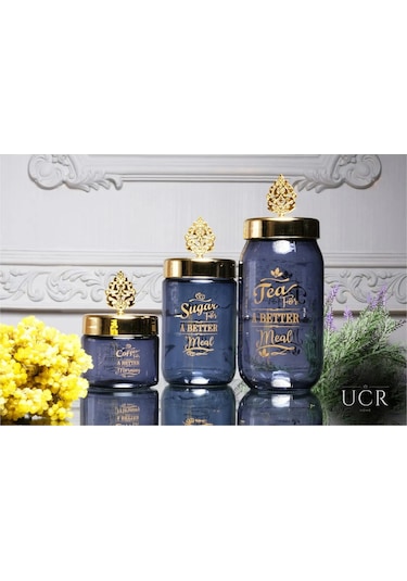 3'lü Lüks Cam Tea/coffee/sugar Çay Kahve Şeker Kavanoz Seti 400 Ml. 700 Ml. 950 Ml.