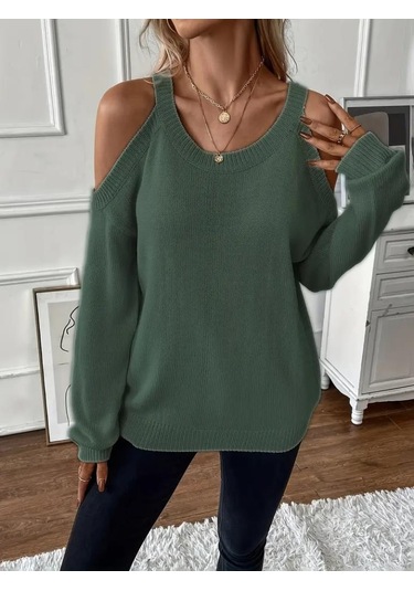 Kadın Uzun Kollu Omuzlardan Açık Askılı Yuvarlak Yaka Triko Bluz Yeşil