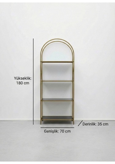Noble Metal Kitaplık Dekoratif Kemerli 4 Raflı Salon Ve Ofis Rafı 70x180 Cm Altın