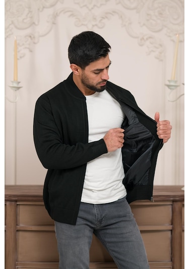 Woolen World Pilot Yaka Fermuar Kapamalı Klasik Kesim Astarlı Çelik Örgü Hırka Siyah