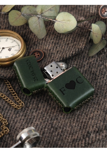Vagave Yeşil Renk Hakiki Deri Kılıflı Zippo Benzinli Çakmak