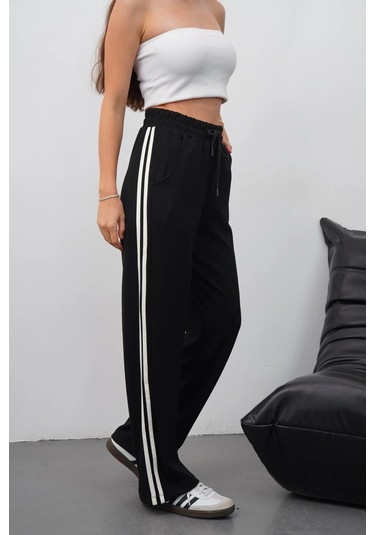 Yandan Çift Şeritli Pantolon Siyah Siyah