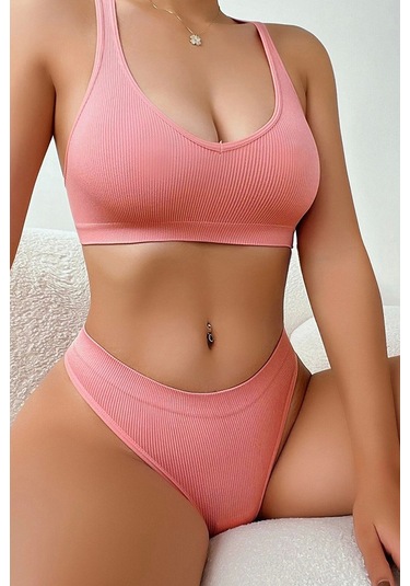 Kadın Somon Desteksiz Seamless Tangalı İç Çamaşır Takımı Çok Renkli