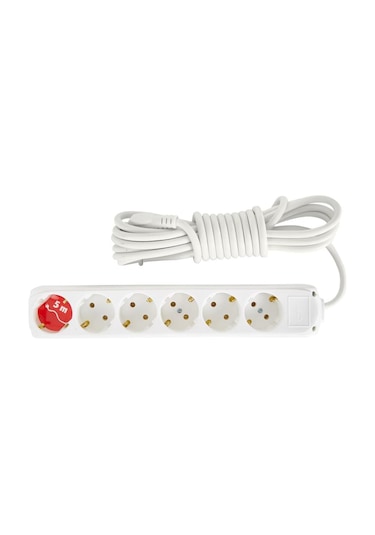 Almera 6'lı Topraklı Grup Priz 5 Metre Beyaz