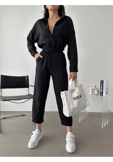 Kadın Oversize Keten Gömlek Pantolon Alt Üst Takım Siyah