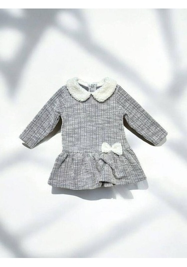 Çikoby Kız Bebek Peluş Detaylı Desenli Elbise-14889 Gri