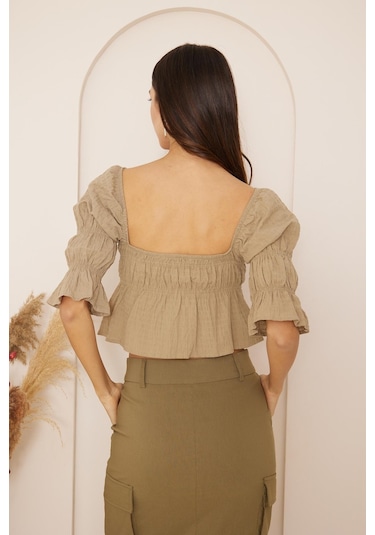 Darlin Moda Haki Büzgülü Crop Bluz Dm7001